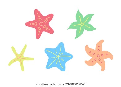 Estrellas del mar vectorial. Marcas multicolores de Doodle, Colección aislada de iconos sobre fondo blanco. Vida submarina. Diseño de caricaturas planas