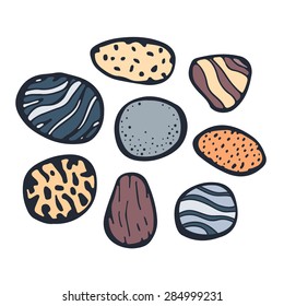 Vector sea stones set, doodle. Cobblestone with ornament. Colorful elements on white background. Isolated. Grey, orange, yellow and brown colors.