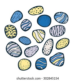 Vector sea stones set. Hand drawn doodle cobblestone. White, yellow, blue, grey colors. Isolated. 