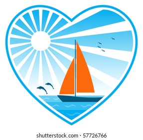 vector sea, sun and sailboat in heart on white background