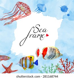 Vector sea template. Place for text. Use for banners, flyers, posters, cards, invitations. Jellyfish and tropical fish. Watercolor nautical vector background.