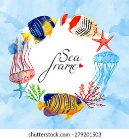 Vector sea template. Round frame with tropical fish and jellyfish. Use for banners, posters, cards, invitations. Watercolor nautical background. Isolated elements for easy use.