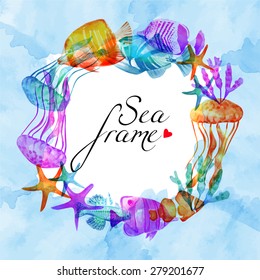 Vector sea template. Round frame with tropical fish and jellyfish. Use for banners, flyers, posters, cards, invitations.  Watercolor nautical background. Isolated elements for easy use.