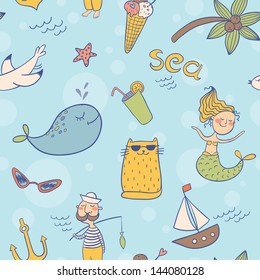Vector sea theme seamless pattern. Summer cartoon pattern with sea theme doodles of mermaid, whale, fisher man; ice cream, ship, anchor, palm tree, seagull, cool cat, starfish, sun glasses.