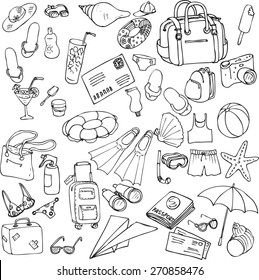 vector sea and travel set of sketch, hand drawn infographic sketches,  line drawing design elements