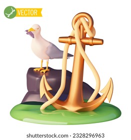 Vector sea trips and excursions icon. Yacht travel tour. Anchor with a rope in sea water, seagull holding fish