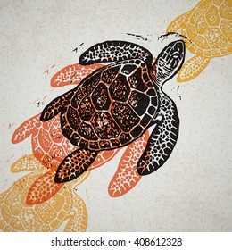 Vector Sea Turtle in abstract composition. Linocut Sea Turtles in different colors on old paper