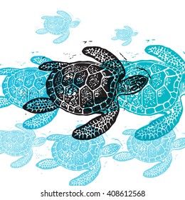 Vector Sea Turtle in abstract composition. Linocut Sea Turtles in different colors on white background