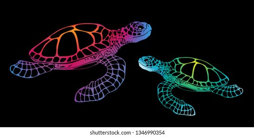 Vector sea turtle isolated. Neon colored illustration of sea turtle in bright colors for stylish design, print.