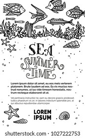 Vector sea underwater life background. Doodles fish, sea plants, corals and algae, shells and starfish. There is copy space for your text. Can be used in colouring book for adults and children.