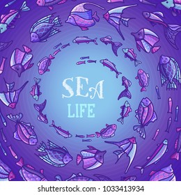 Vector sea underwater life background. Various fish swim in a circle in dark violet water. There is copy space for your text.