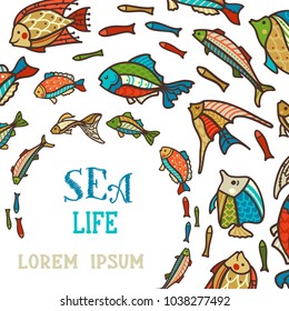 Vector sea underwater life background. Various fish swim in a circle on white background. There is copy space for your text.