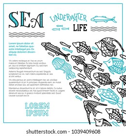 Vector sea underwater life background. School of fish for your design. Doodles black and blue fish swim together. There is copy space for your text.