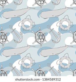 Vector Sea Vessel Ship, Whale, Anchor And Helm Seamless Pattern