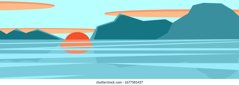 Vista vectorial al mar con la isla, el sol y el cielo.