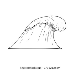 Vector sea wave. Hand painted ocean storm illustration. Graphic monochrome sketch isolated on background. For designers, prints, logo, icon, menu, postcards, holiday, covers