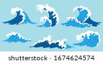 Vector sea waves collection. Illustration of blue ocean waves with white foam. Isolated water splash set in cartoon style. Element for your design.