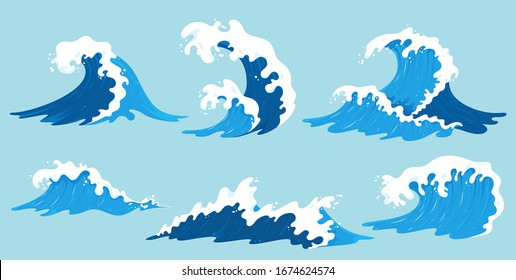 Vector sea waves collection. Illustration of blue ocean waves with white foam. Isolated water splash set in cartoon style. Element for your design.