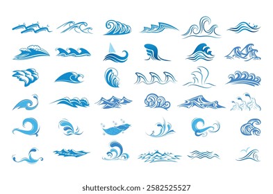 Vector sea waves collection. Illustration of blue ocean waves with white foam. Isolated water splash set in cartoon style. Element for your design