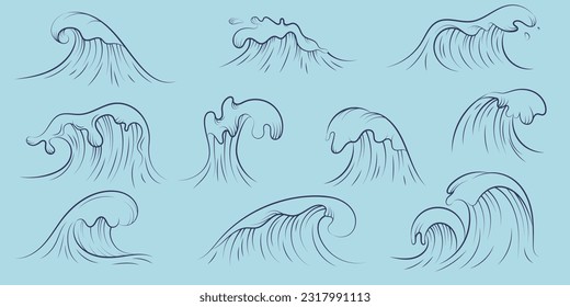 Vector sea waves collection. Isolated ocean water splash set in cartoon style.