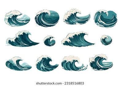 Vector sea waves collection. Ocean waves. Isolated water splash set in cartoon style. Element for your design.
