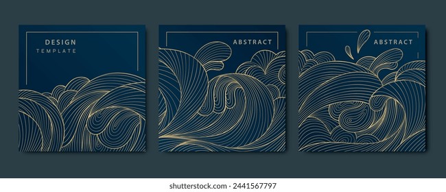 Vector sea waves japanese posters, patterns. Line oriental ornament, art deco golden on black backgrounds. Vintage style cards