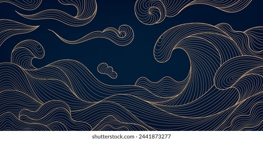 Vector ondas de mar patrón de estilo japonés. Ilustración de línea dorada, agua, océano con nubes y viento. Papel pintado vintage, póster, arte de la pared. 