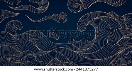 Vector sea waves japanese style pattern. Golden line illustration, water, ocean with clouds and wind. Vintage wallpaper, poster, wall art. 
