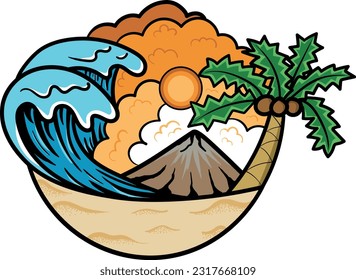 olas vectoriales en una hermosa playa con cocoteros y montañas y puesta de sol