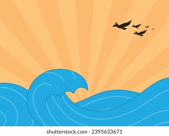 vector sea waves with silhouettes of flocks of flying birds and sunset light.  vector design