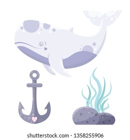 Vector sea whale. Plants, anchor.