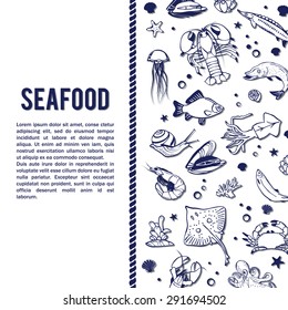 Vector sea world background. Mediterranean design. Underwater wildlife icons. Ocean animals - fish; octopus; shrimp; crab; lobster; mussel; shell. Sea background