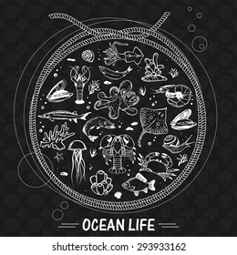 Vector sea world background. Mediterranean design. Underwater wildlife icons. Ocean animals - fish, octopus, shrimp, crab, lobster, mussel, shell. Sea background