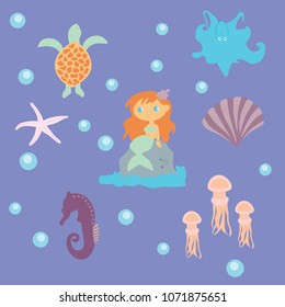 Vector sea world set with mermaid, turtle, octopus, jellyfish,  seahorse, shell, sea star. Hand drawn elements on violet background. Great for kids stuff