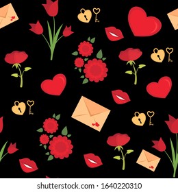 vector seaamles valentine's day pattern, illustration of flowers, red lips, hearts and love letters