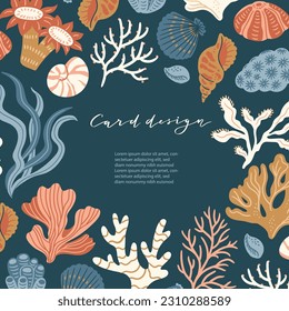 Vector seabed card design. Coral and algae in hand-drawn style. Coral frame design on dark blue background. 