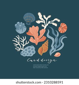 Vector seabed card design. Coral and algae in hand-drawn style. Coral frame design on dark blue background. 