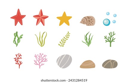 Vector seabed clipart collection with seashell, starfish, stones, pebbles, seaweed, coral. Hand drawn illustration.