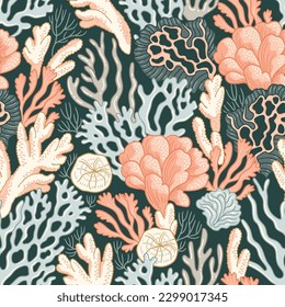 Vector seabed seamless pattern. Coral and algae in hand-drawn style. Coral repeat texture for fabric, wallpaper or wrappaper design. 