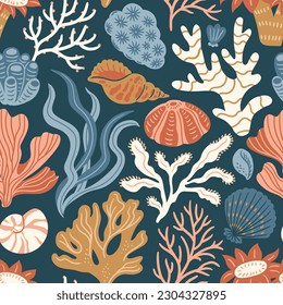 Vector seabed seamless pattern. Coral and algae in hand-drawn style. Coral repeat texture for fabric, wallpaper or wrappaper design. 