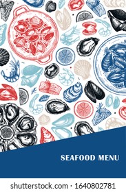 Vector seafood A5 flyer design. Hand drawn fish, shellfish, shrimps, mollusks sketches with herbs, spices,  lemon. Great for seafood restaurant or shop menu. Cooked shellfish top view temple.