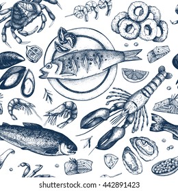 Vector Seafood Background. Hand Drawn Sea Food Illustration - Fresh Fish, Lobster, Crab, Oyster, Mussel, Squid And Spice. Vintage Seamless Pattern. 
