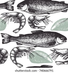 Vector Seafood background. Hand drawn sea food illustration - fresh fish, mussel and shrimps. Vintage Seamless pattern. 