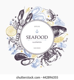 Vector Seafood Card Or Flyer Design. Decorative Frame With Hand Drawn Sea Food Illustration. Vintage Menu Template. Seafood Sketched Background.