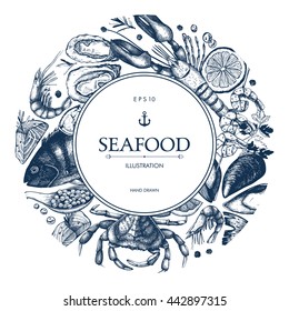 Vector Seafood Card Or Flyer Design. Decorative Frame With Hand Drawn Sea Food Sketch. Vintage Menu Template.