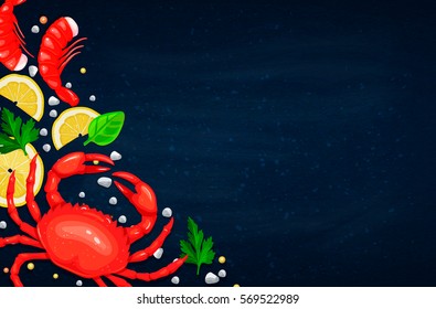 Vector seafood. Crab and shrimps with aromatic herbs and lemon. Healthy food cooking concept.