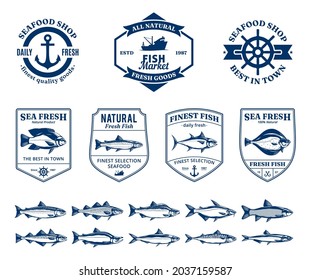 Vector seafood design elements, label templates, emblems and fish illustrations