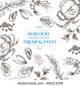 vector seafood designer template set - shrimp, crab, lobster, salmon, oyster, mussel. mediterranean cuisine seafood sketch