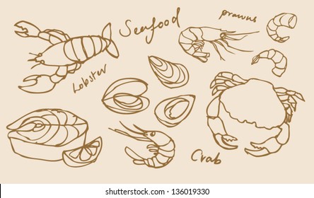 Vector seafood doodle set