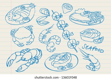 Vector seafood doodle set